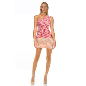 Jewel Badgley Mischka Coral Multi Diana Rosette One-Shoulder Mini Dress sz 10